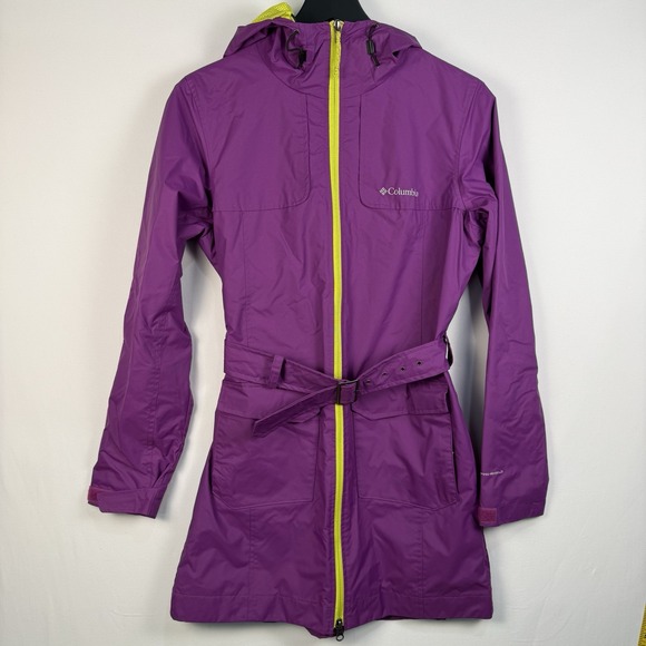 Columbia Women Small Long Rain Jacket Trench Belted Hooded Omni-Shield Purple - Picture 1 of 8